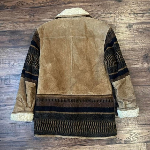 Vintage Western Suede Sherpa CoatTapestry Paneling Women Large Collar Winter - Picture 6 of 7